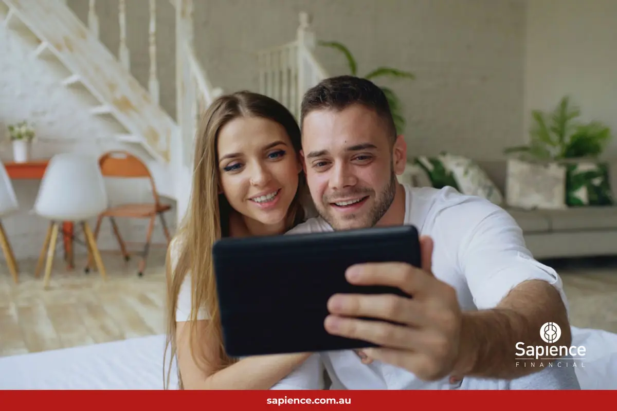 happy young couple taking selfie photo