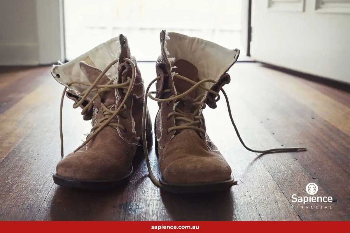 old work boots on wooden floor